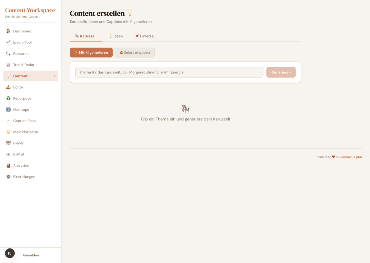 KI-Content-Workspace — KI-Content-Generator: Karussells, Ideen & Captions per KI
