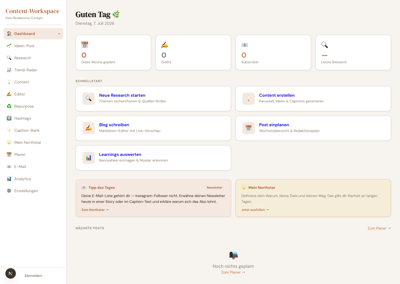KI-Content-Workspace — Dashboard: Tages-Cockpit mit Überblick & Schnellstart
