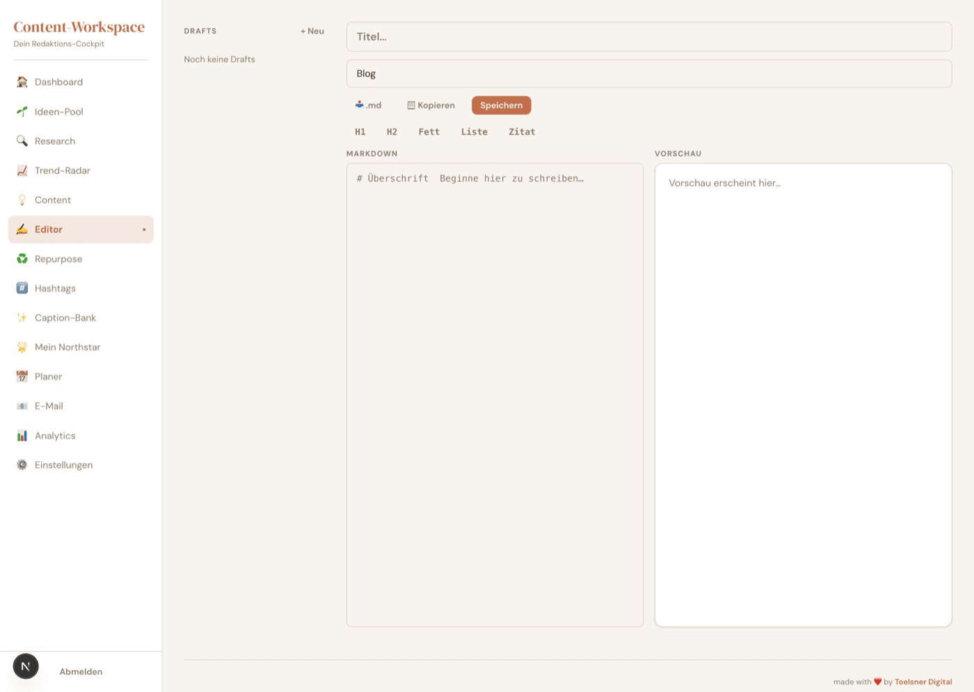 KI-Content-Workspace — Editor: Markdown-Editor mit Live-Vorschau