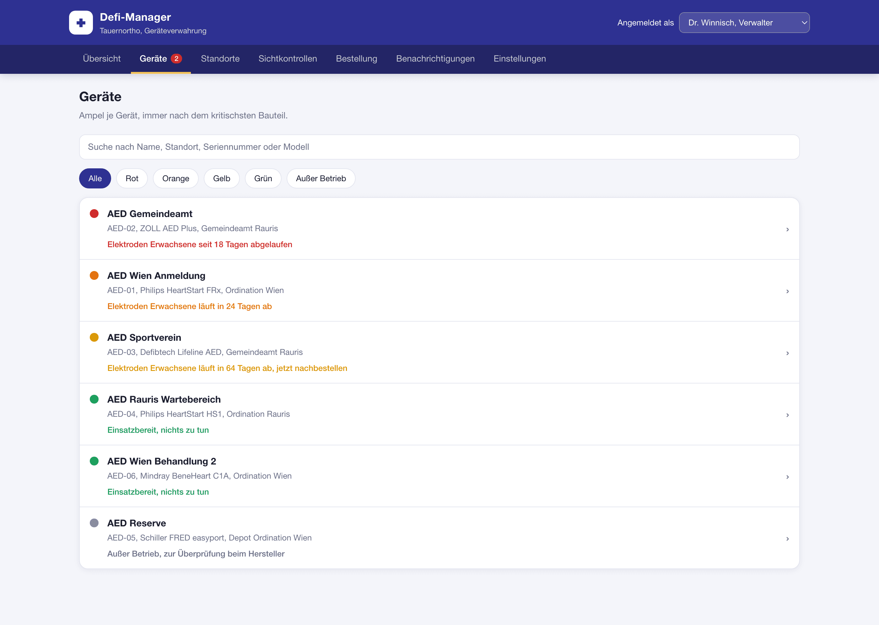 Defi-Manager — Geräte: Alle AED mit Ampel, Filter und Suche