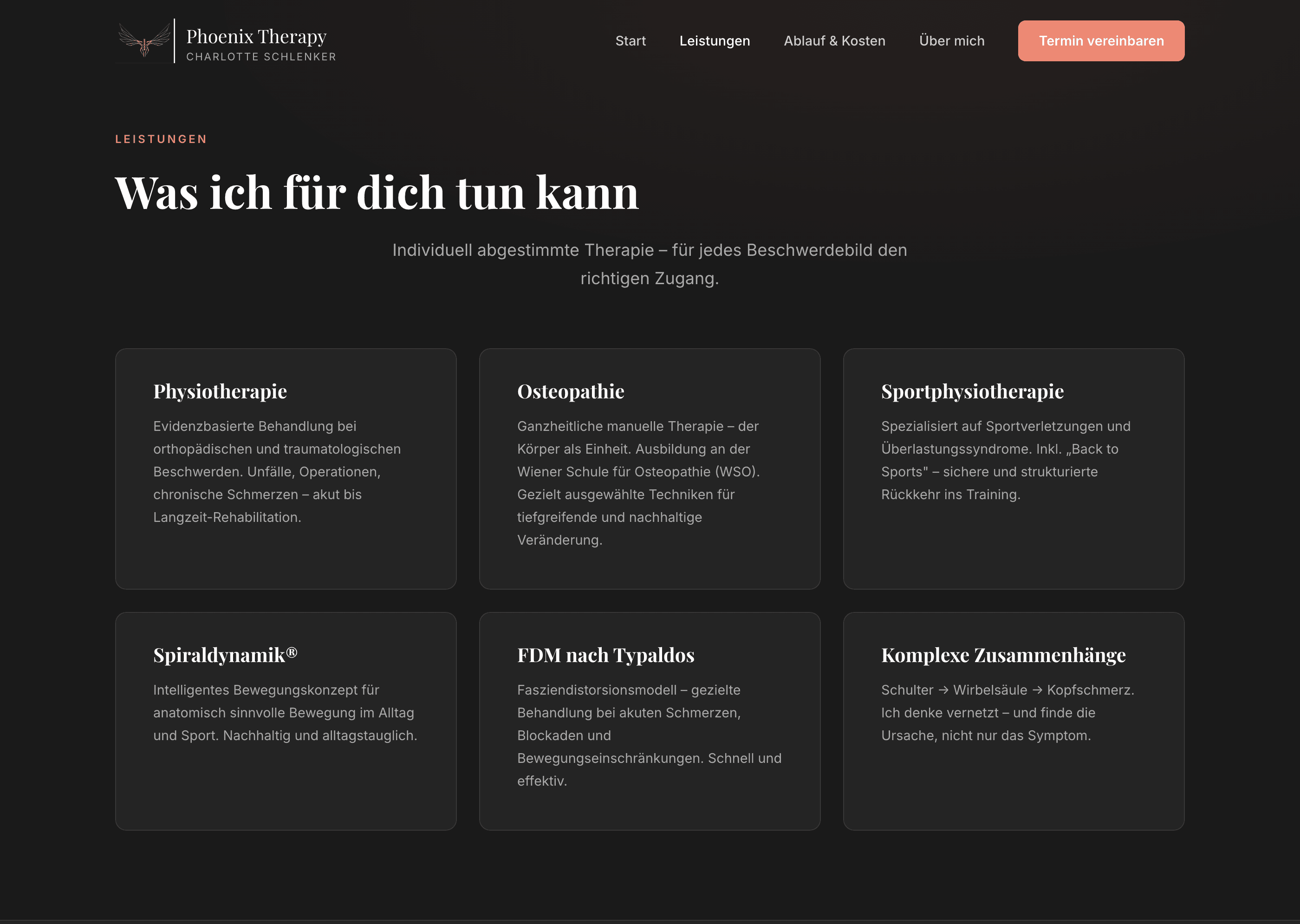 Phoenix Therapy — Leistungen: Sechs Behandlungsbereiche, jeweils verständlich erklärt