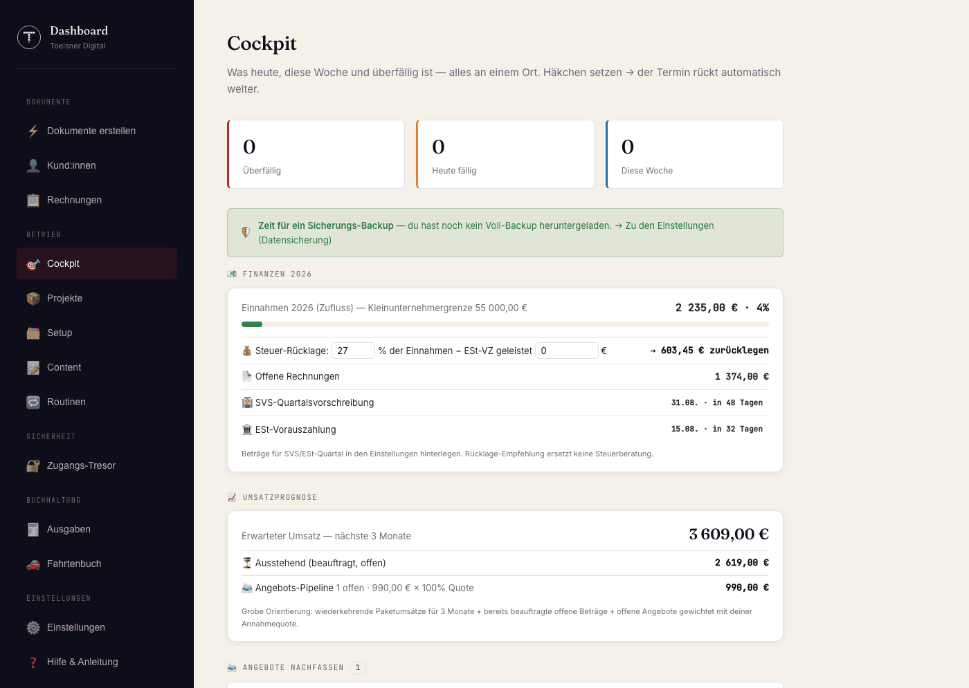 Toelsner Hub — Finanz-Cockpit: Einnahmen, Kleinunternehmergrenze, Steuer-Termine & Umsatzprognose