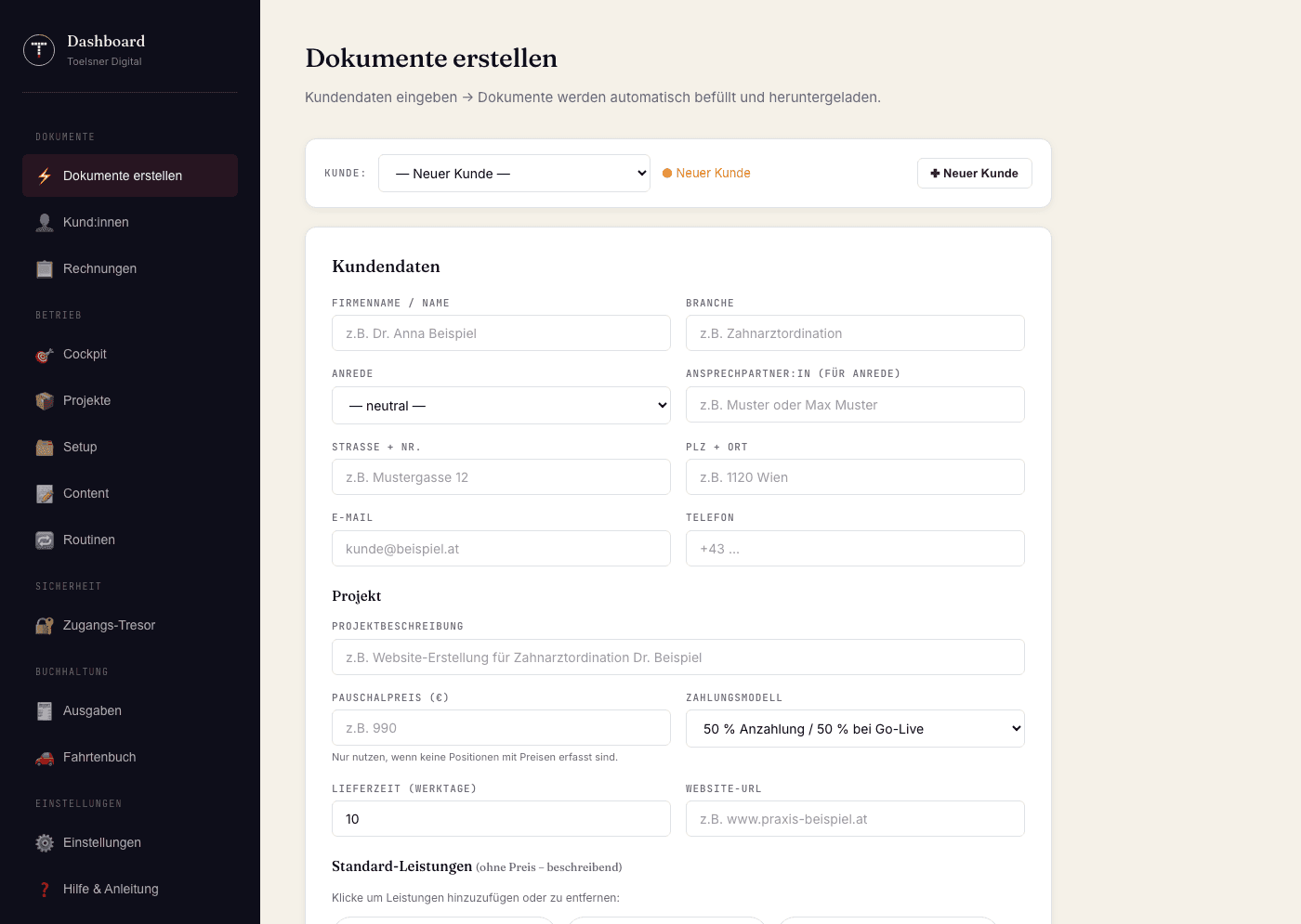 Toelsner Hub — Dokumenten-Generator: Kundendaten eingeben — Angebot, Vertrag & Rechnung entstehen automatisch