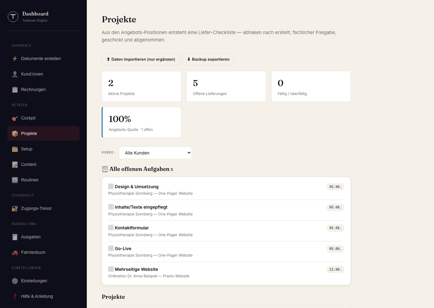 Toelsner Hub — Projekte: Liefer-Checklisten, automatisch aus den Angebots-Positionen erzeugt