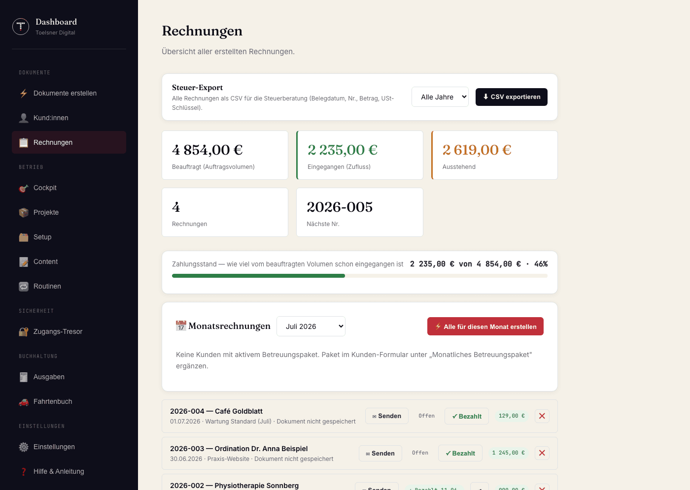 Toelsner Hub — Rechnungen: Zahlungsstand, Monatsrechnungen und Steuer-Export